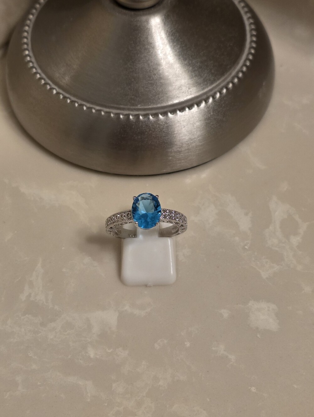 925 Silver CZ and Aquamarine Ring Size 8